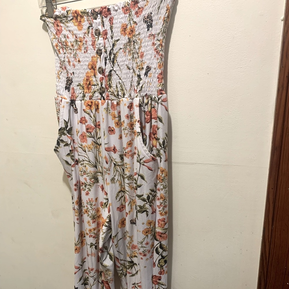 Jumpsuit with POCKETS! very stretchy, and comfortable, faux button top